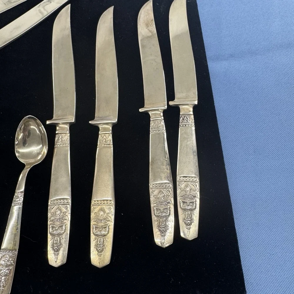 K Thailand Buddha 14 PC Flatware Set Brass  Knives And Tiny Spoons Vintage